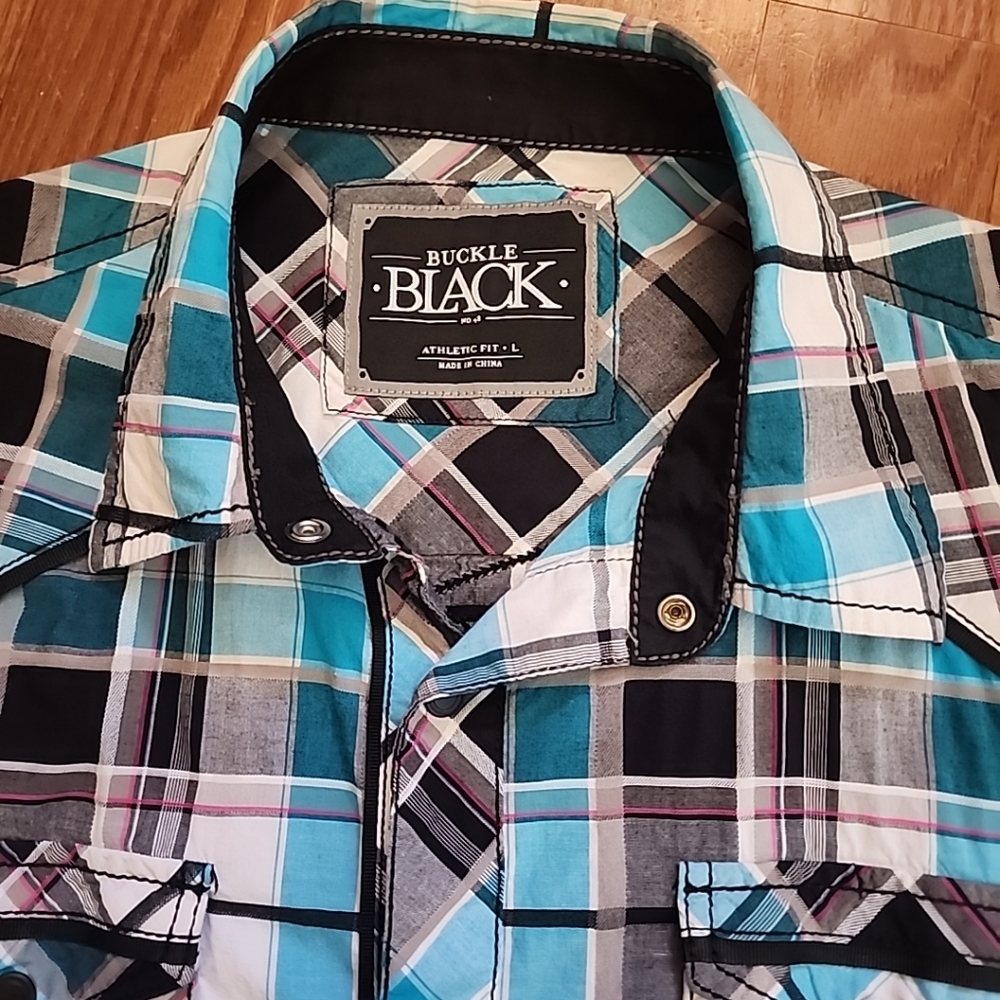 Buckle black western‎ snap down  short sleeve shirt lg